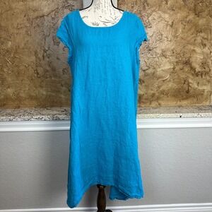 Bryn Walker Linen Midi Dress Women Large Short Sleeve Lagenlook Blue Relaxed USA